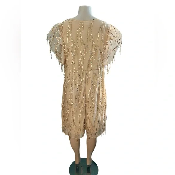 Elegant Beige Gold Tassel Sequin Short Sleeve Dress Plus Size 18 3X - Picture 7 of 9